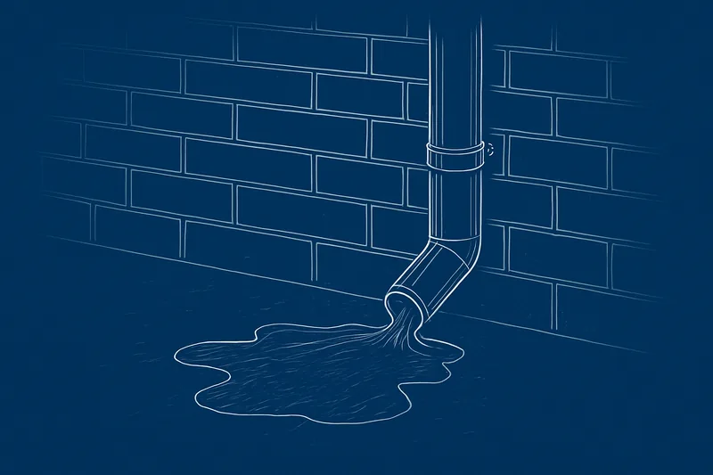 A downpipe ending at the foot of a brick wall with water staining on the ground — fix drainage before a damp course, Adelaide. Illustrative example.