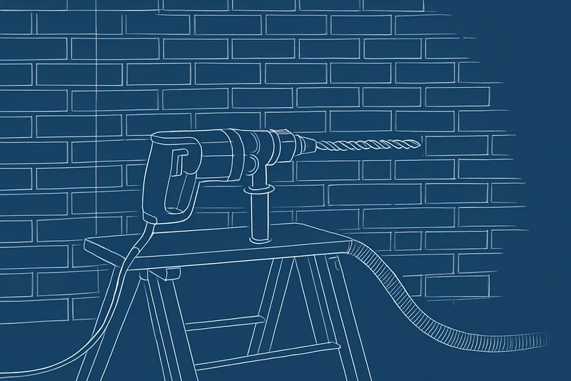 A masonry drill with a long bit and a dust-extraction hose on a trestle beside a brick wall — salt damp quotes and who may do the work, Adelaide. Illustrative example.
