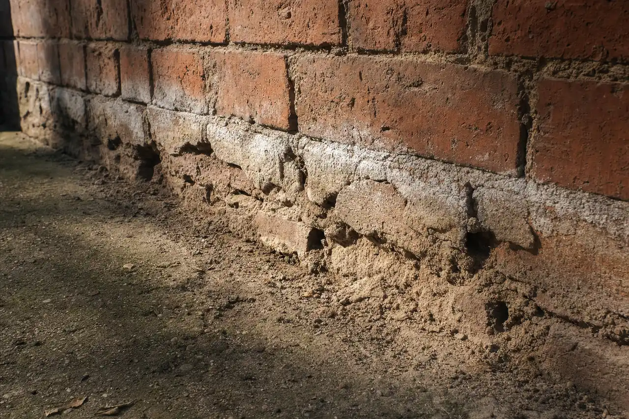 The base of an old brick wall with crumbling bricks and powdery mortar — salt damp treatment, Adelaide. Illustrative example.