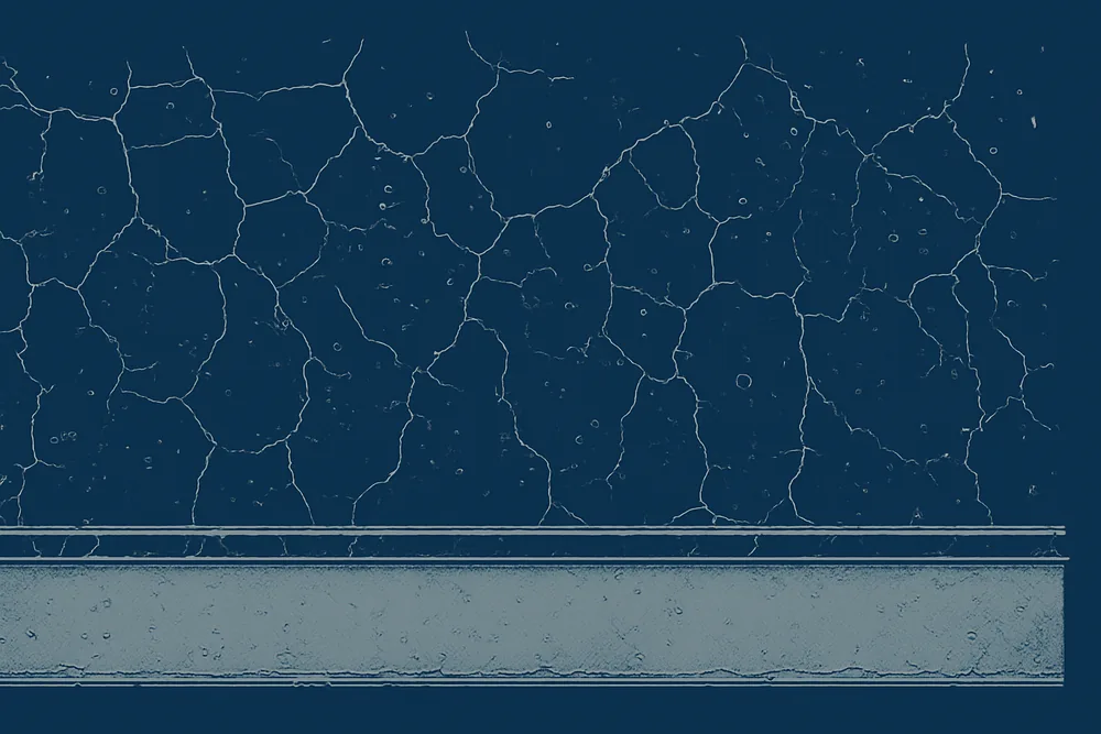 A grey cement render band at the base of an old wall, cracked above its top edge — cement, render and paint on old walls, Adelaide. Illustrative example.