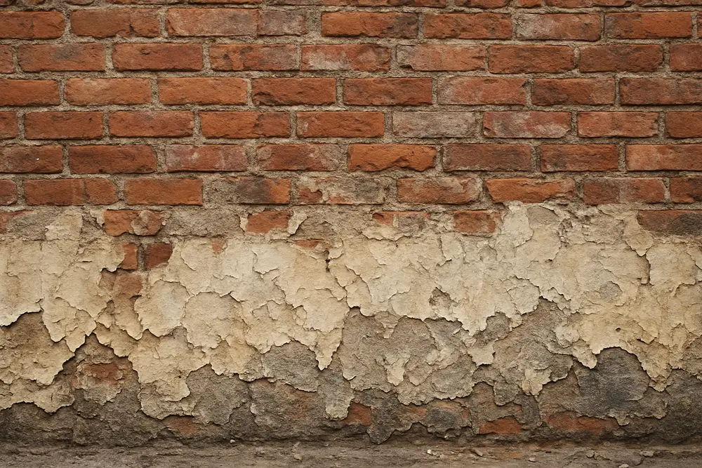 Painted old brickwork with paint peeling and blistering near the base — cement, render and paint on old walls, Adelaide. Illustrative example.