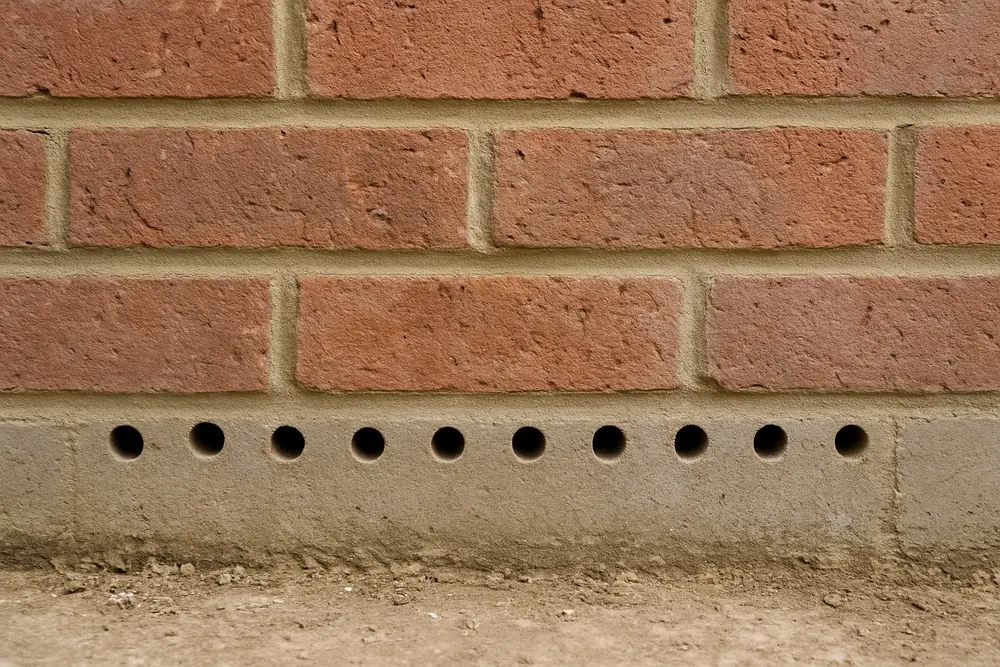 A row of evenly spaced drilled holes along a mortar course at the base of a brick wall — damp-proof course options, Adelaide. Illustrative example.