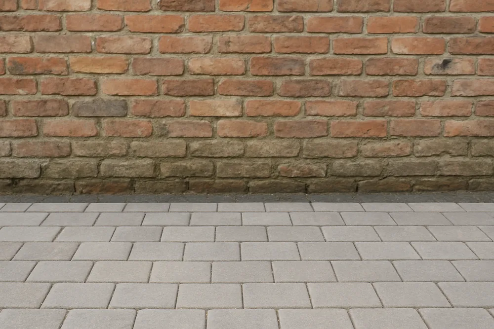 Paving laid hard against an old brick wall, covering the lower courses — fix drainage before a damp course, Adelaide. Illustrative example.