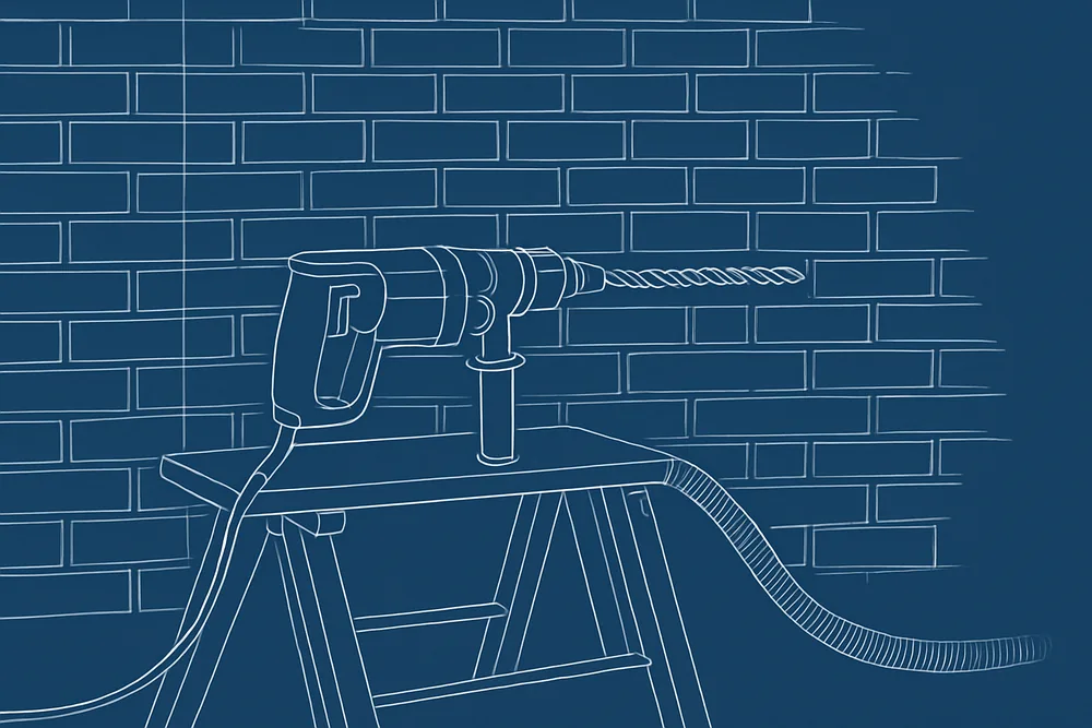 A masonry drill with a long bit and a dust-extraction hose on a trestle beside a brick wall — salt damp quotes and who may do the work, Adelaide. Illustrative example.