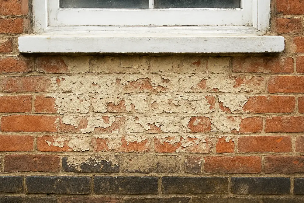 A painted brick wall below a window sill with blistered paint and a thin dark course above the ground — salt damp treatment, Adelaide. Illustrative example.