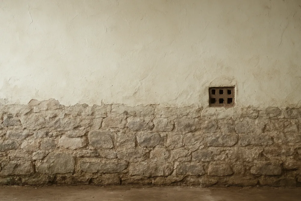 The lower half of an old stone cellar wall with a pale limewash coat beside a small ventilation opening — salt damp treatment, Adelaide. Illustrative example.