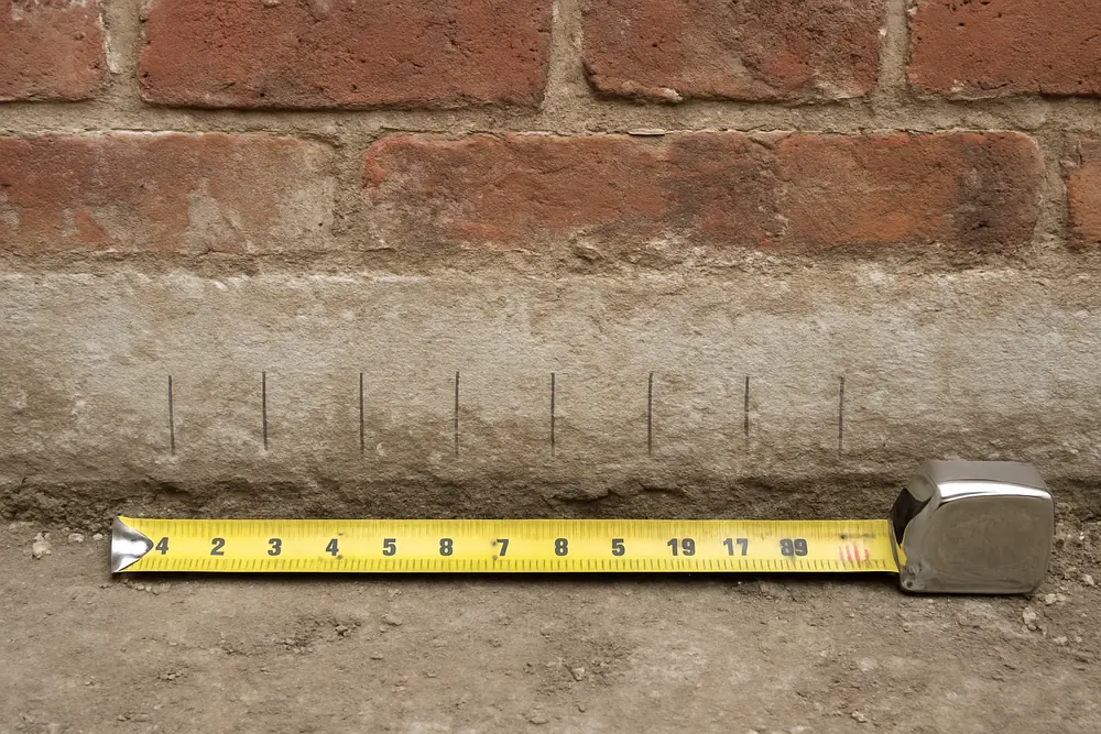 Pencil marks at even spacing along a mortar course at the base of an old wall with a tape measure beside them — salt damp treatment, Adelaide. Illustrative example.