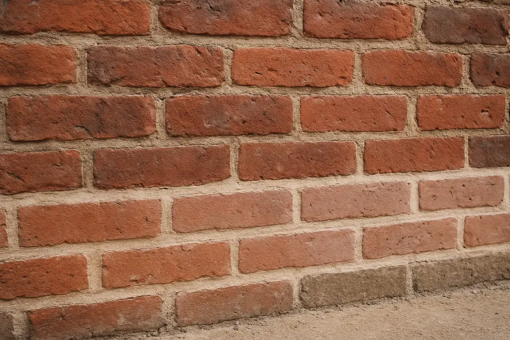 One section of a brick wall base with freshly repointed pale joints beside the original joints — salt damp treatment, Adelaide. Illustrative example.