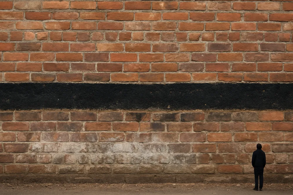 A dark horizontal course visible in an old brick wall a few courses above the ground — why Adelaide has salt damp, Adelaide. Illustrative example.