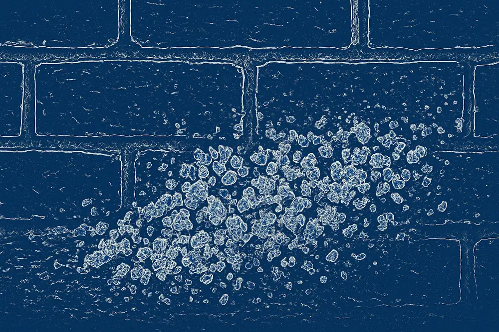 A close view of white salt crystals on the surface of a brick — why Adelaide has salt damp, Adelaide. Illustrative example.